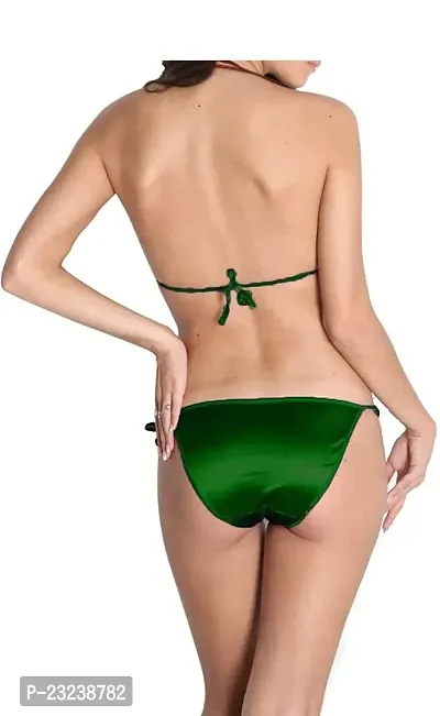 You Forever Solid Women's Satin Halter Neck Bra Side Tie Panty Sexy Non Padded Bikini Swimwear Lingerie Set Innerwear Bikini Set for Women Girls Ladies (Green)-thumb2
