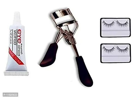 Combo of Eyelash Curler, Eyelash Glue and False Eyelashes - Pack of 2) (Set of 3)