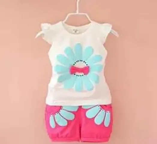 Bold N Elegant Flower Emboss Cute Ruffle Top Tshirt and Shorts Summer Baby Girl Clothing Set for Infant Toddler Kids