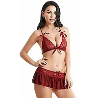 Sapi'S Women Lingerie 3 Piece Hot Sleepwear Sling Dress, Women Lingerie Lace Chemise Nightgown Hot Sleepwear Babydoll Lingerie Honeymoon/First Night/Anniversary (Free Size, Red)-thumb1