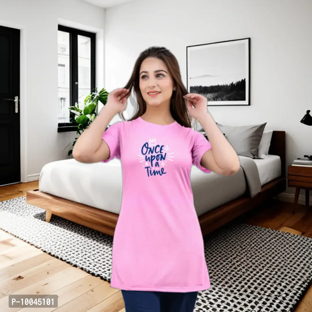 Trendy Pink Printed Cotton Long Tshirt For Women-thumb0