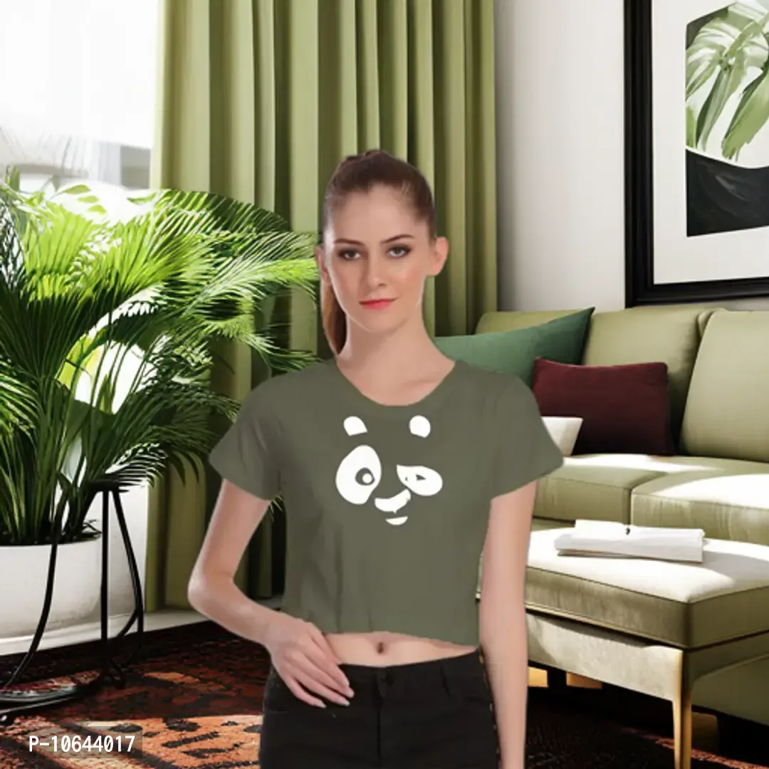 TheFashionClinic Engry Panda Graphic Printed Crop Top for Women | Olive Green|100% Cotton| Size -S-thumb0