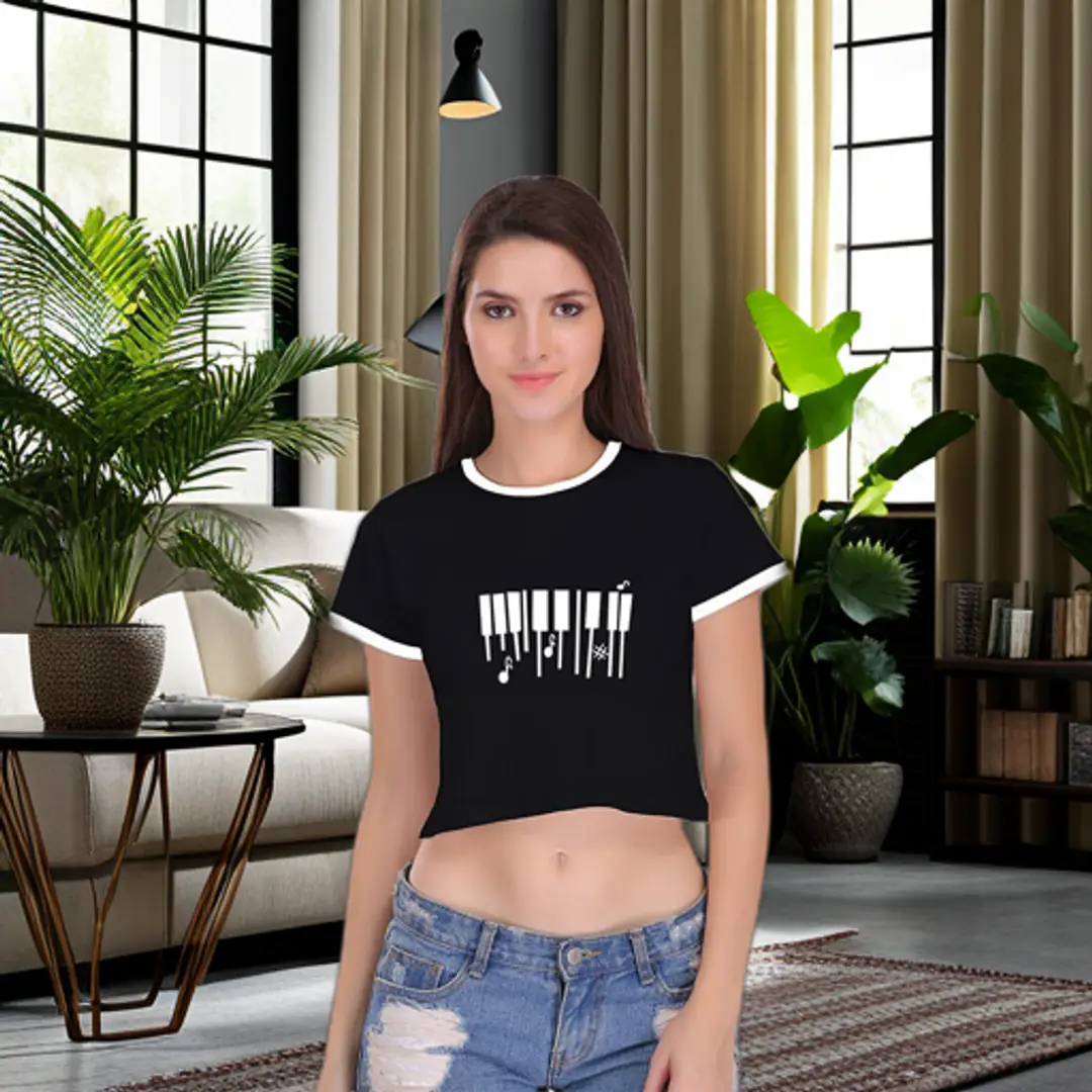 TheFashionClinic Piano Graphic Ringer Crop Top for Women | Black|100% Cotton| Size -L