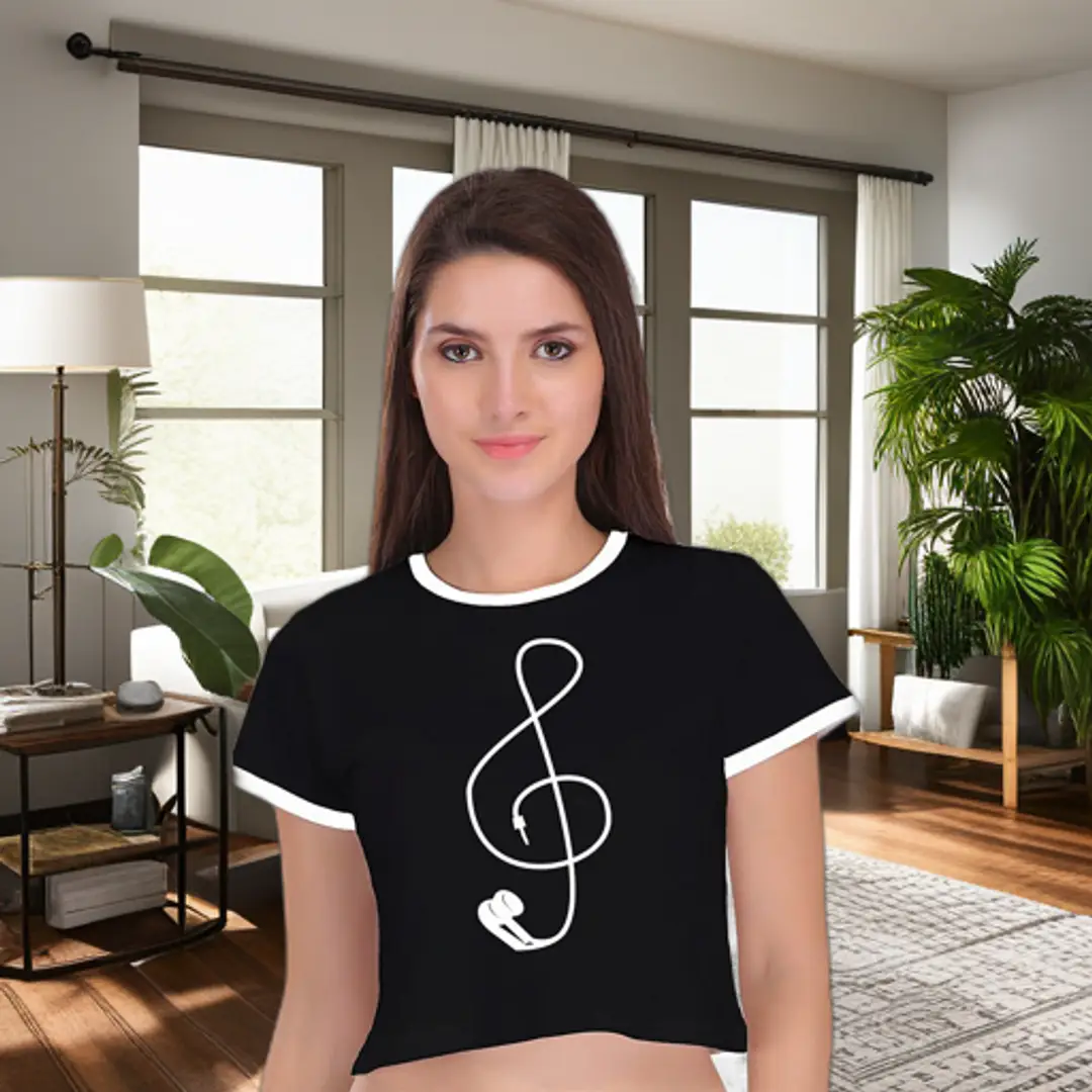 TheFashionClinic Earphone Graphic Ringer Crop Top for Women | Black|100% Cotton| Size -XL