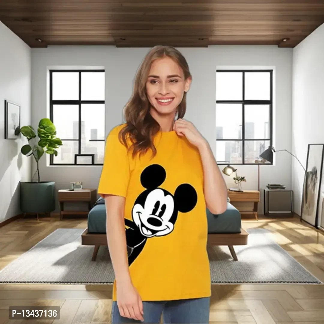 Joy & Happiness Mickey Mouse: Classic Womens and Girls Graphic Printed Cotton T-Shirts Yellow-thumb0