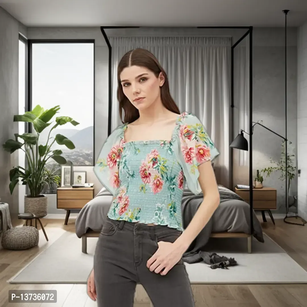 7ELEVEN Ayush Fashion Kansai Crop Top Woman Fit and Flair Top with Slive,Beautifull Ptint and Square Neck-thumb0