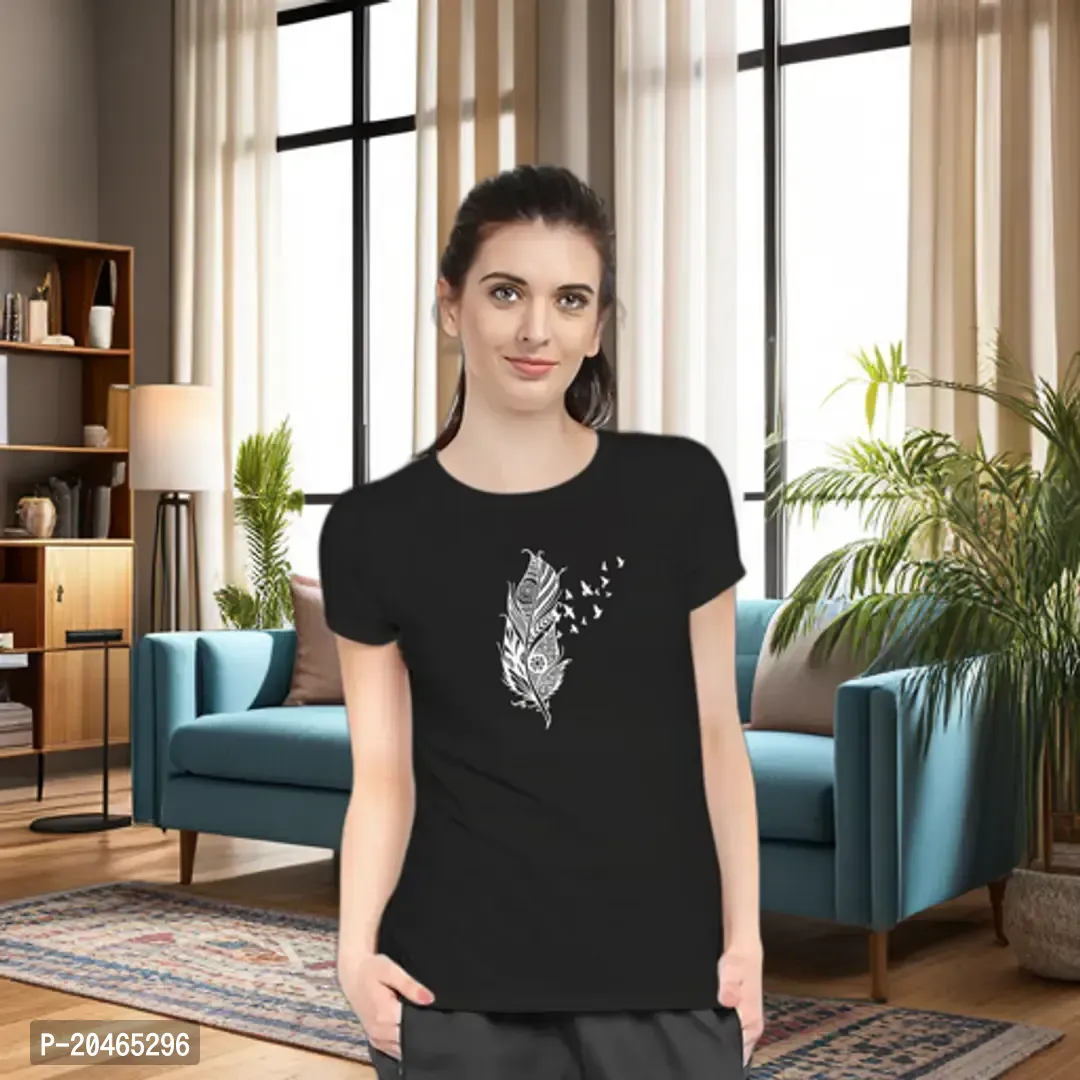 Stylimo Women's Slim Fit Black Feather T-Shirt_L-thumb0