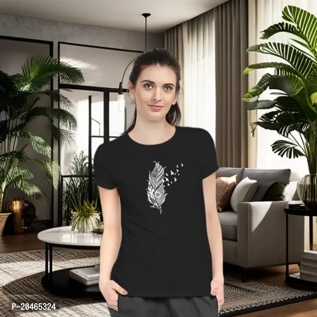 Stylimo Women's Slim Fit Black Feather T-Shirt_M-thumb0