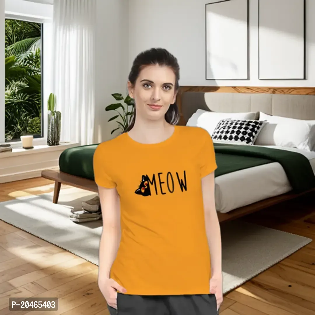 Stylimo Women's Slim Fit Mustard Meow T-Shirt_XL-thumb0