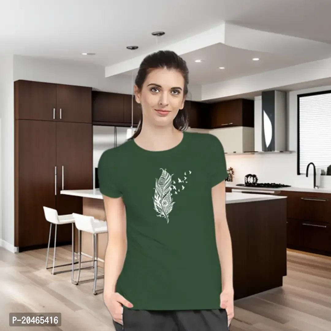 Stylimo Women's Slim Fit Green Feather T-Shirt_M-thumb0