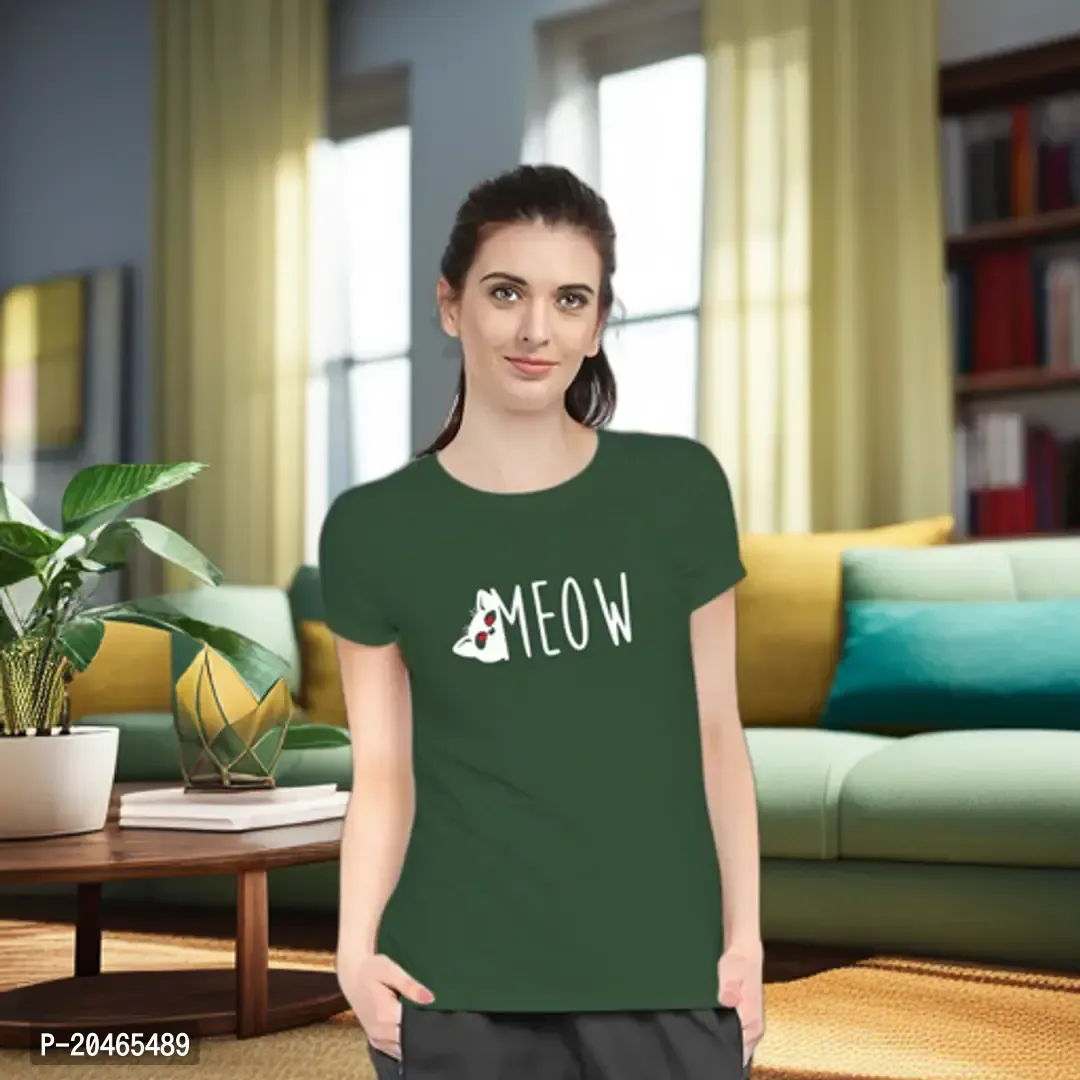 Stylimo Women's Slim Fit Green Meow T-Shirt_XL-thumb0