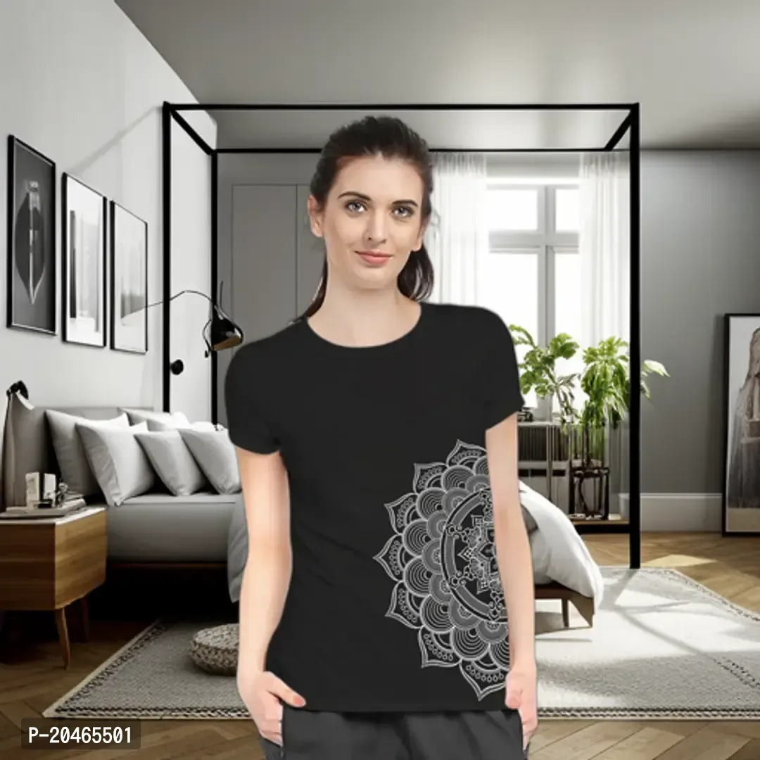 Stylimo Women's Slim Fit Black Mandala T-Shirt_L-thumb0