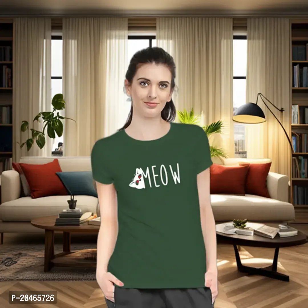 Stylimo Women's Slim Fit Green Meow T-Shirt_S-thumb0