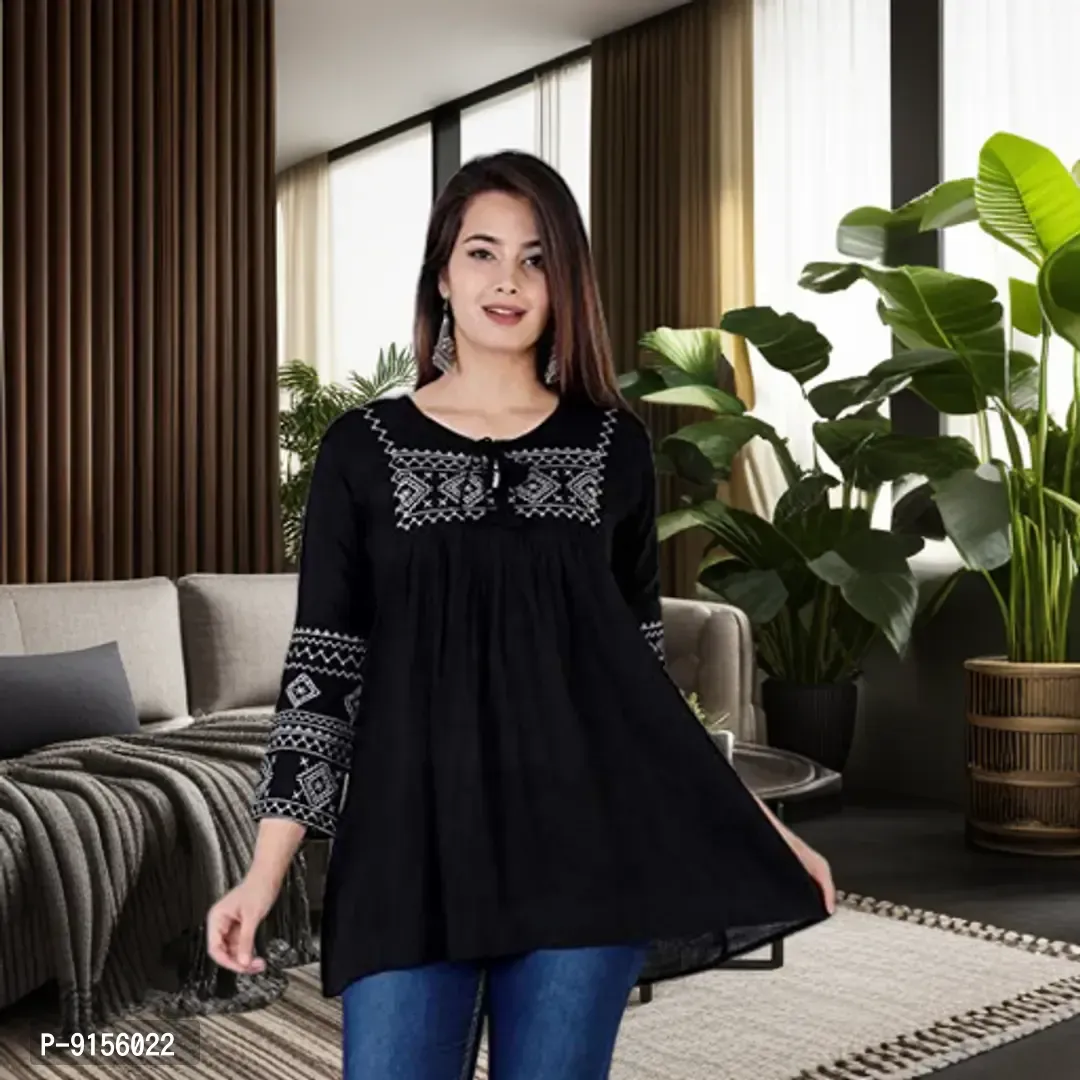 Stylish Round Neck Rayon Embroidery Top for Women-thumb0