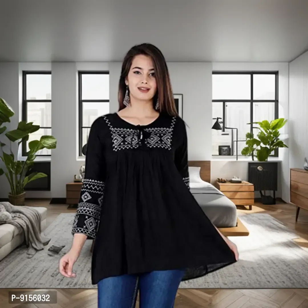 Women's Stylish Black Casual Embroidered Regular Fit for Girls and Women's 3/4th Sleeve Top Vol2-thumb0