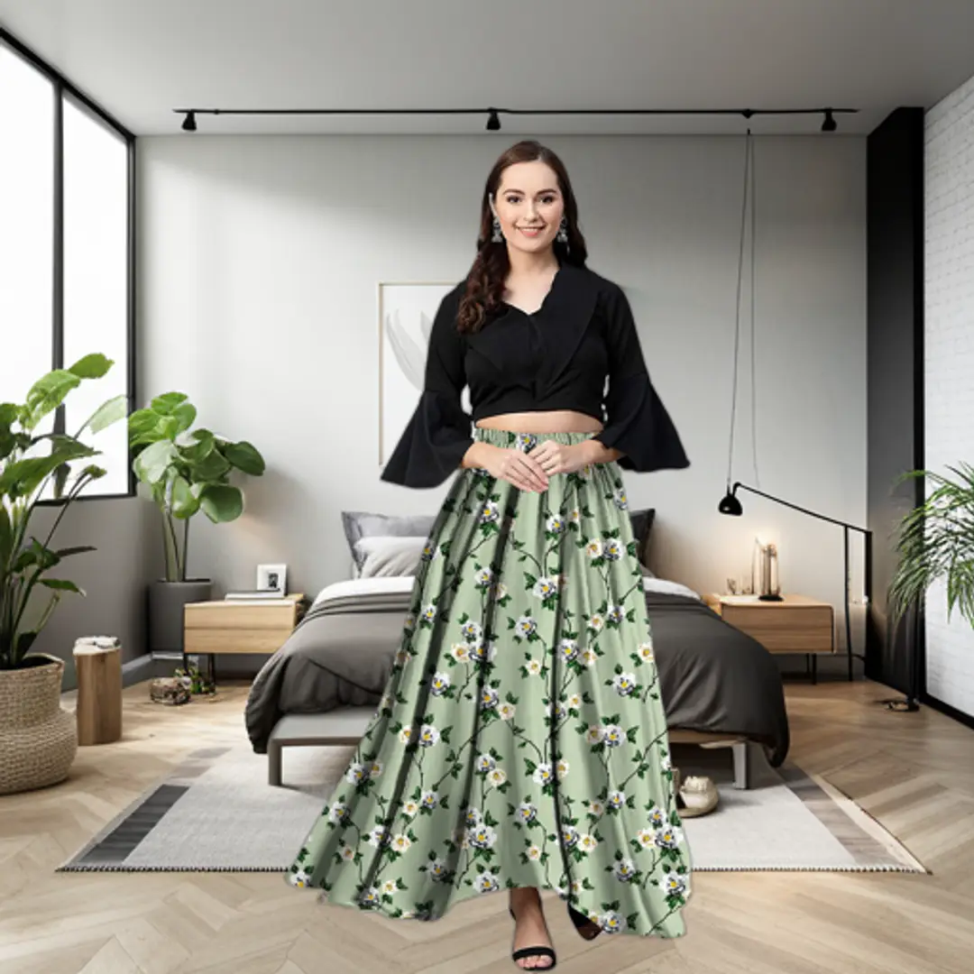 Rudra Fashion Women's Ready to Wear Silk Blend Solid Top with Rayon Long Skirt Size:-L